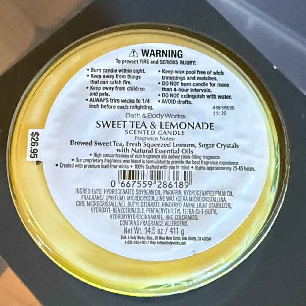 Bath & Body Works Sweet Tea & Lemonade Candle - Yellow & Silver - Picture 2 of 3